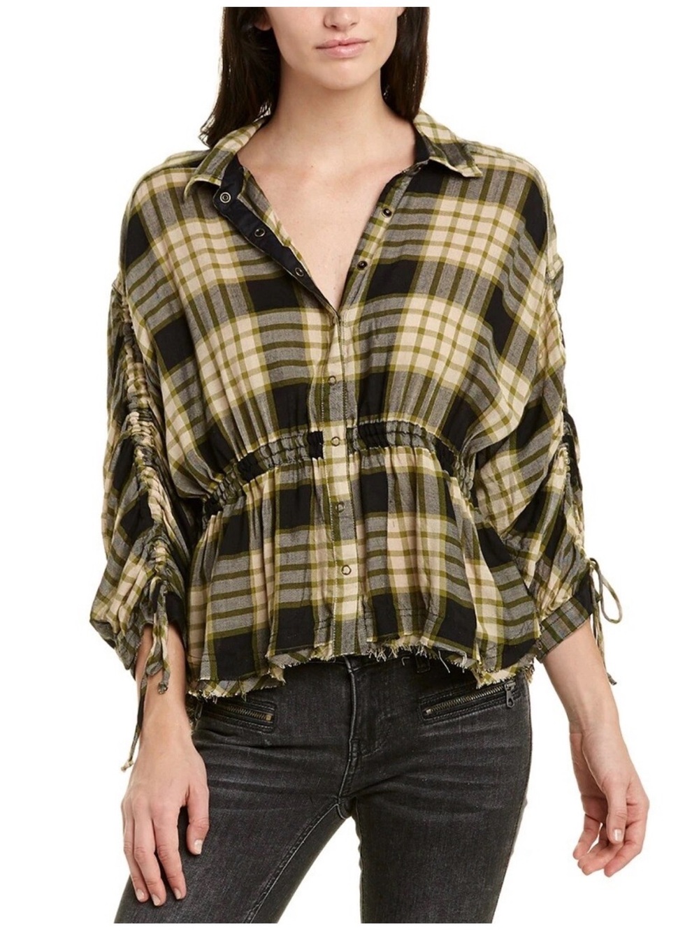 We The Free People Pacific Dawn Plaid Drawstring Shirt Size Small